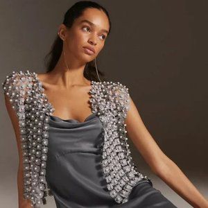 NWOT Anthropologie Floral Pearl Beaded Grey Cape